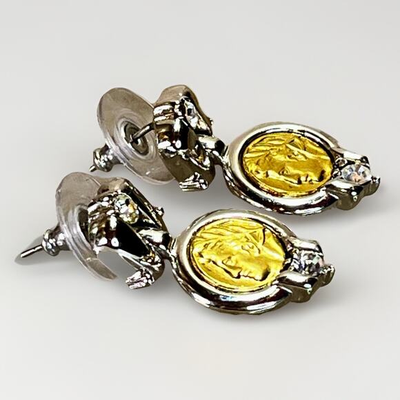 VTG Danecraft Gold and Silver Tone ROMAN COIN Clear Crystal Dangle Drop Earrings - Picture 3 of 12